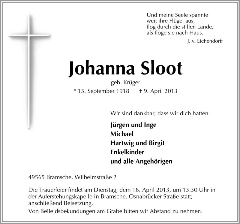 Traueranzeige für Johanna Sloot vom 13.04.2013 aus Neue Osnabrücker Zeitung GmbH & Co. KG