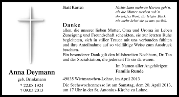 Traueranzeige von Anna Deymann von Neue Osnabrücker Zeitung GmbH & Co. KG