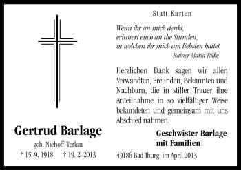 Traueranzeige von Gertrud Barlage von Neue Osnabrücker Zeitung GmbH & Co. KG