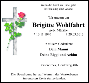 Traueranzeige von Brigitte Wohlfahrt von Neue Osnabrücker Zeitung GmbH & Co. KG
