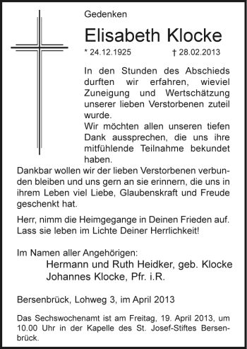 Traueranzeige von Elisabeth Klocke von Neue Osnabrücker Zeitung GmbH & Co. KG