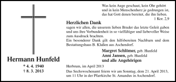 Traueranzeige von Hermann Hunfeld von Neue Osnabrücker Zeitung GmbH & Co. KG