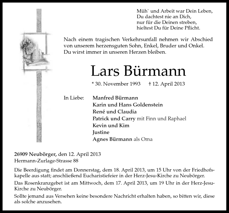  Traueranzeige für Lars Bürmann vom 15.04.2013 aus Neue Osnabrücker Zeitung GmbH & Co. KG