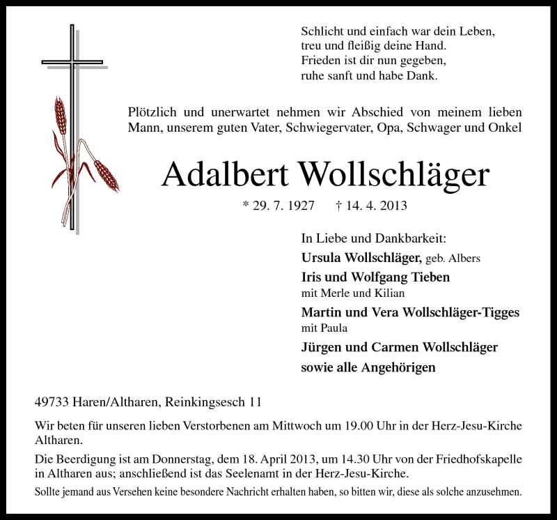  Traueranzeige für Adalbert Wollschläger vom 15.04.2013 aus Neue Osnabrücker Zeitung GmbH & Co. KG