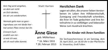 Traueranzeige von Änne Giese von Neue Osnabrücker Zeitung GmbH & Co. KG