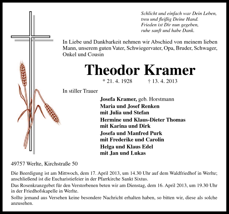 Traueranzeige für Theodor Kramer vom 16.04.2013 aus Neue Osnabrücker Zeitung GmbH & Co. KG
