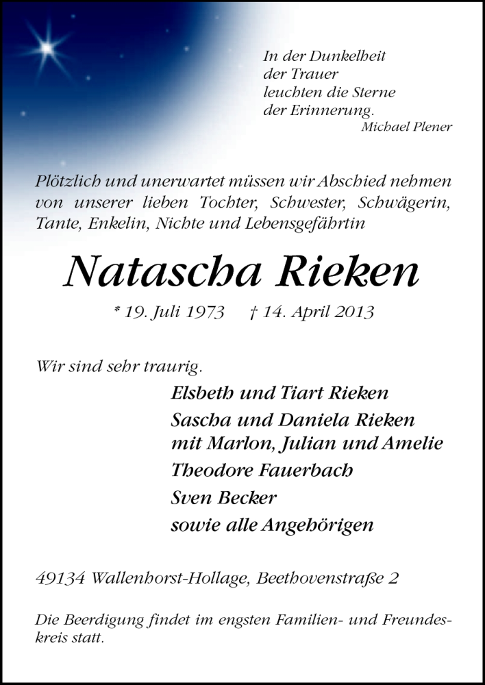  Traueranzeige für Natascha Rieken vom 17.04.2013 aus Neue Osnabrücker Zeitung GmbH & Co. KG