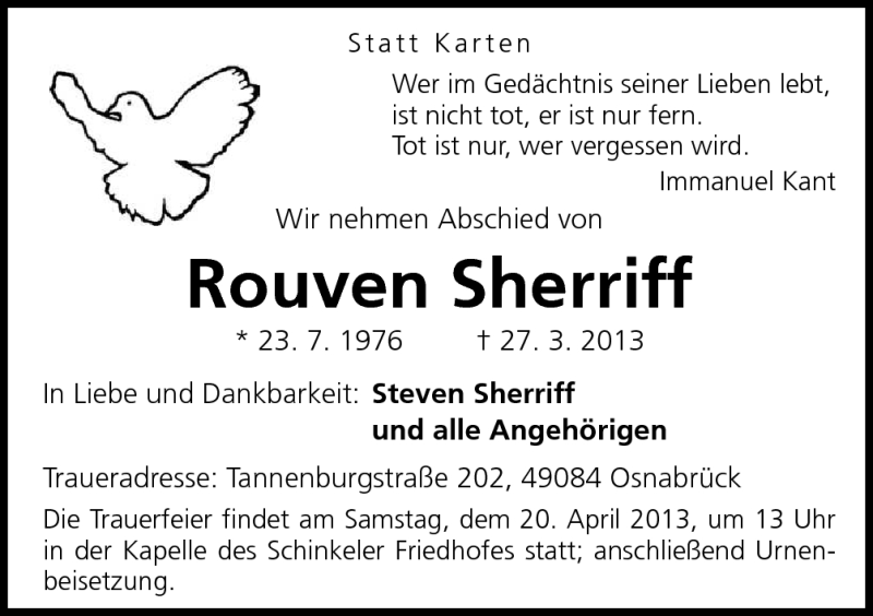  Traueranzeige für Rouven Sherriff vom 16.04.2013 aus Neue Osnabrücker Zeitung GmbH & Co. KG