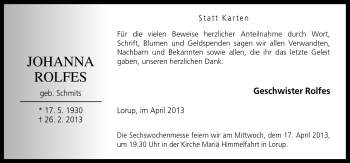 Traueranzeige von Johanna Rolfes von Neue Osnabrücker Zeitung GmbH & Co. KG