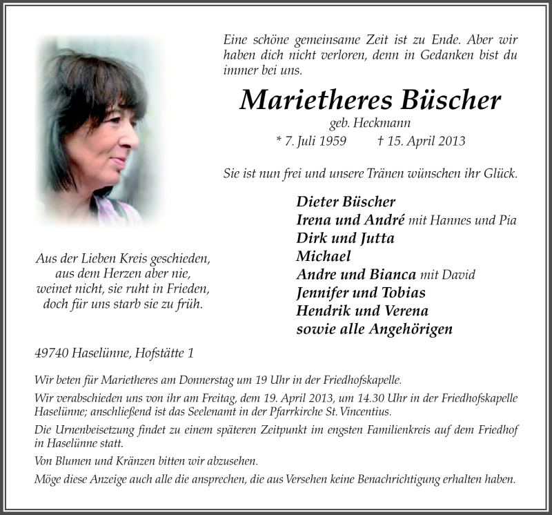  Traueranzeige für Marietheres Büscher vom 17.04.2013 aus Neue Osnabrücker Zeitung GmbH & Co. KG
