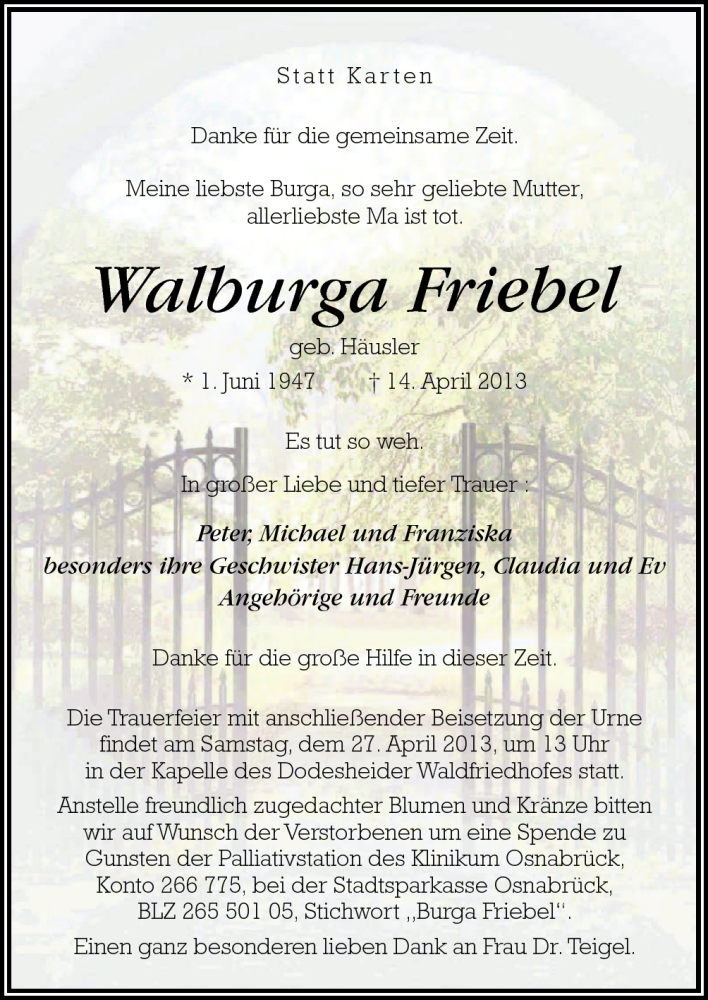  Traueranzeige für Walburga Friebel vom 20.04.2013 aus Neue Osnabrücker Zeitung GmbH & Co. KG