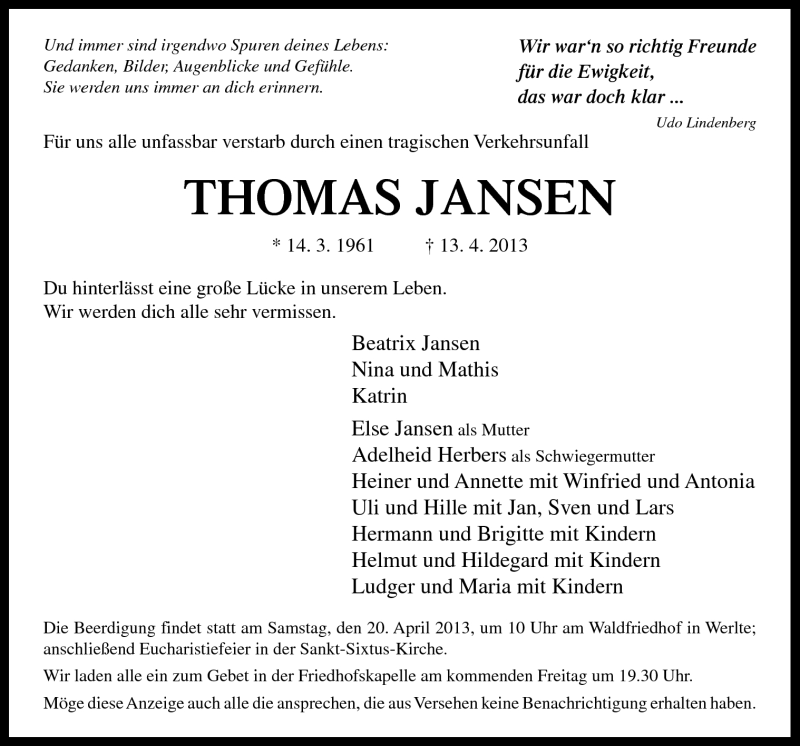  Traueranzeige für Thomas Jansen vom 17.04.2013 aus Neue Osnabrücker Zeitung GmbH & Co. KG