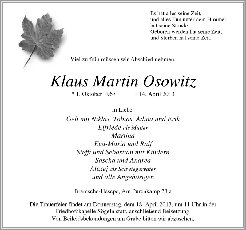  Traueranzeige für Klaus Martin Osowitz vom 17.04.2013 aus Neue Osnabrücker Zeitung GmbH & Co. KG