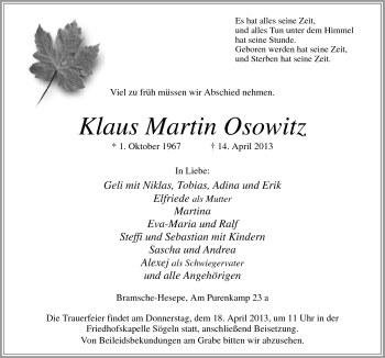 Traueranzeige von Klaus Martin Osowitz von Neue Osnabrücker Zeitung GmbH & Co. KG