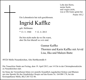 Traueranzeige von Ingrid Kaffke von Neue Osnabrücker Zeitung GmbH & Co. KG