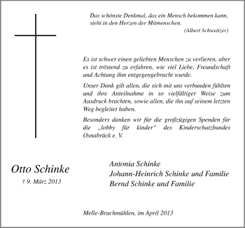 Traueranzeige von Otto Schinke von Neue Osnabrücker Zeitung GmbH & Co. KG