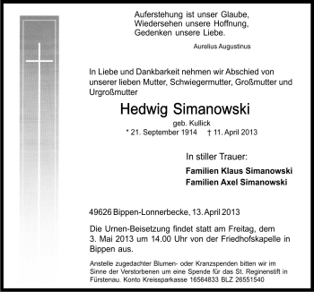 Traueranzeige von Hedwig Simanowski von Neue Osnabrücker Zeitung GmbH & Co. KG
