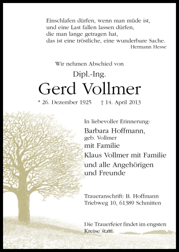 Traueranzeige von Gerd Vollmer von Neue Osnabrücker Zeitung GmbH & Co. KG