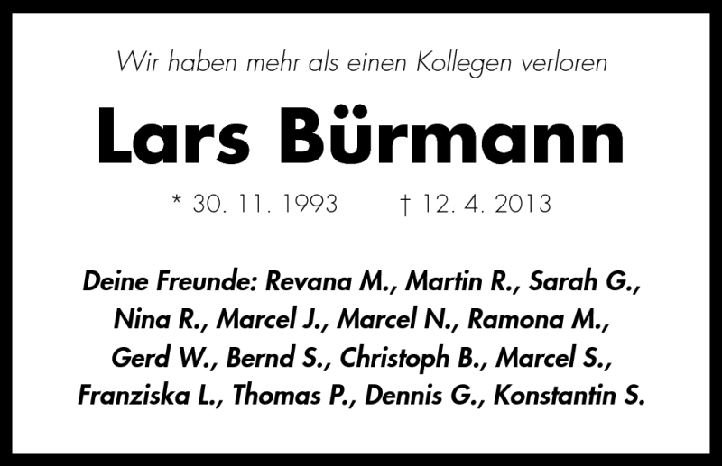  Traueranzeige für Lars Bürmann vom 18.04.2013 aus Neue Osnabrücker Zeitung GmbH & Co. KG