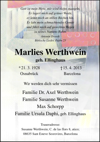 Traueranzeige von Marlies Werthwein von Neue Osnabrücker Zeitung GmbH & Co. KG