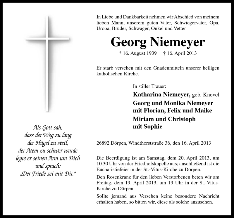  Traueranzeige für Georg Niemeyer vom 18.04.2013 aus Neue Osnabrücker Zeitung GmbH & Co. KG
