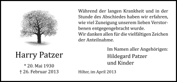 Traueranzeige von Harry Patzer von Neue Osnabrücker Zeitung GmbH & Co. KG
