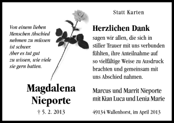 Traueranzeige von Magdalena Nieporte von Neue Osnabrücker Zeitung GmbH & Co. KG