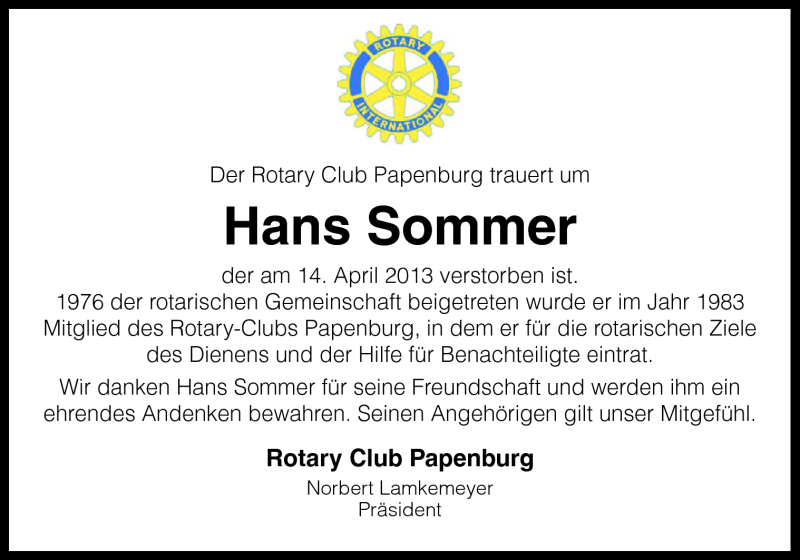  Traueranzeige für Hans Sommer vom 18.04.2013 aus Neue Osnabrücker Zeitung GmbH & Co. KG