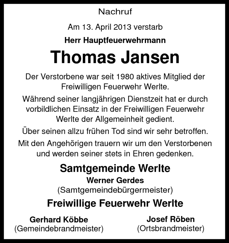  Traueranzeige für Thomas Jansen vom 18.04.2013 aus Neue Osnabrücker Zeitung GmbH & Co. KG