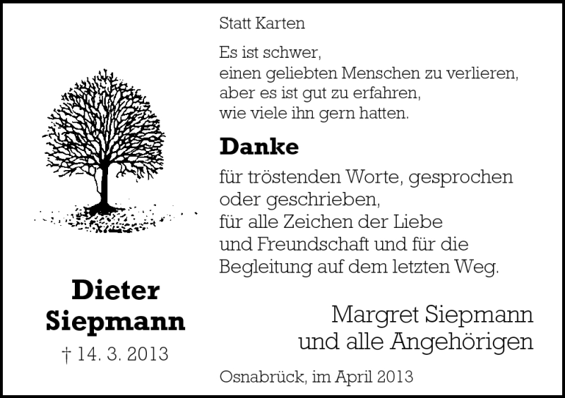  Traueranzeige für Dieter Siepmann vom 20.04.2013 aus Neue Osnabrücker Zeitung GmbH & Co. KG