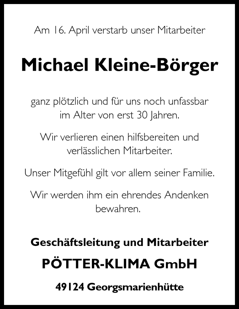  Traueranzeige für Michael Kleine-Börger vom 22.04.2013 aus Neue Osnabrücker Zeitung GmbH & Co. KG