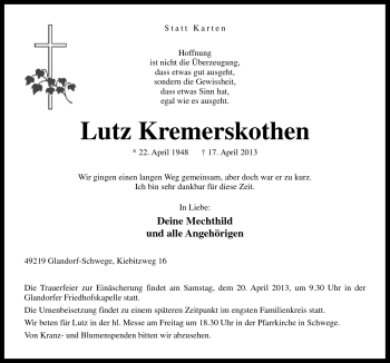 Traueranzeige von Lutz Kremerskothen von Neue Osnabrücker Zeitung GmbH & Co. KG