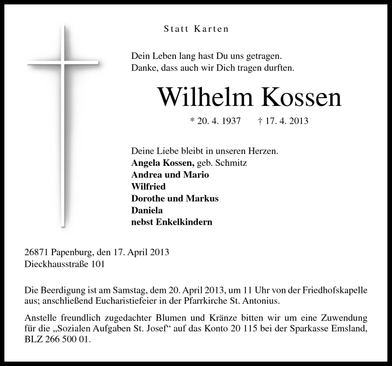  Traueranzeige für Wilhelm Kossen vom 19.04.2013 aus Neue Osnabrücker Zeitung GmbH & Co. KG