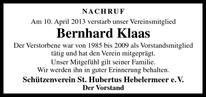  Traueranzeige für Bernhard Klaas vom 19.04.2013 aus Neue Osnabrücker Zeitung GmbH & Co. KG