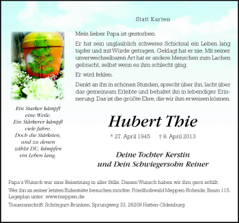 Traueranzeige von Hubert Thie von Neue Osnabrücker Zeitung GmbH & Co. KG