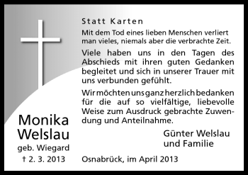 Traueranzeige von Monika Welslau von Neue Osnabrücker Zeitung GmbH & Co. KG
