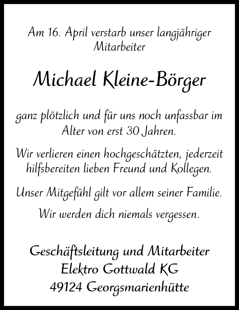  Traueranzeige für Michael Kleine-Börger vom 22.04.2013 aus Neue Osnabrücker Zeitung GmbH & Co. KG