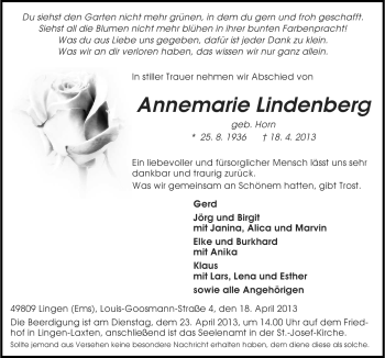 Traueranzeige von Annemarie Lindenberg von Neue Osnabrücker Zeitung GmbH & Co. KG