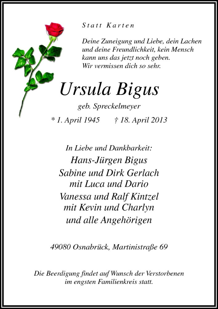  Traueranzeige für Ursula Bigus vom 24.04.2013 aus Neue Osnabrücker Zeitung GmbH & Co. KG