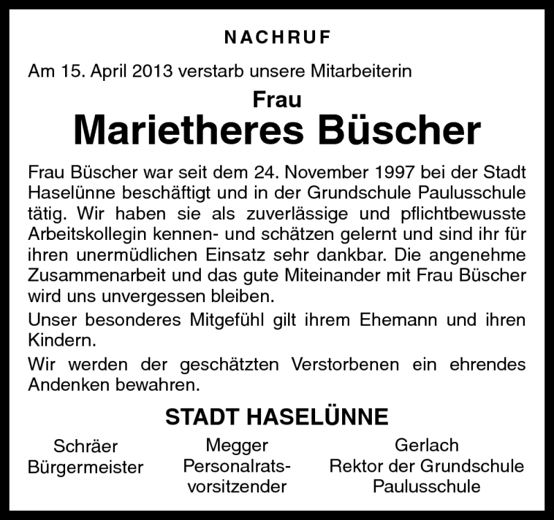  Traueranzeige für Marietheres Büscher vom 22.04.2013 aus Neue Osnabrücker Zeitung GmbH & Co. KG