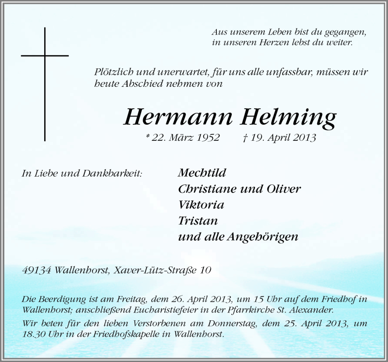 Traueranzeige für Hermann Helming vom 22.04.2013 aus Neue Osnabrücker Zeitung GmbH & Co. KG