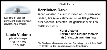 Traueranzeige von Lucia Victoria von Neue Osnabrücker Zeitung GmbH & Co. KG