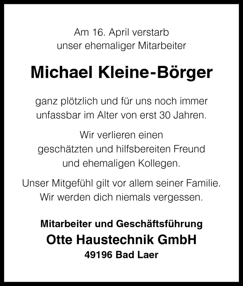 Traueranzeige für Michael Kleine-Börger vom 23.04.2013 aus Neue Osnabrücker Zeitung GmbH & Co. KG
