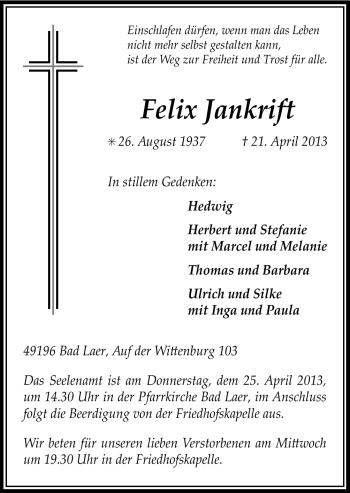 Traueranzeige von Felix Jankrift von Neue Osnabrücker Zeitung GmbH & Co. KG
