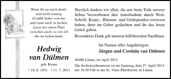 Traueranzeige von Hedwig van Dülmen von Neue Osnabrücker Zeitung GmbH & Co. KG