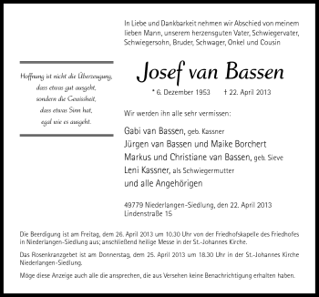 Traueranzeige von Josef van Bassen von Neue Osnabrücker Zeitung GmbH & Co. KG