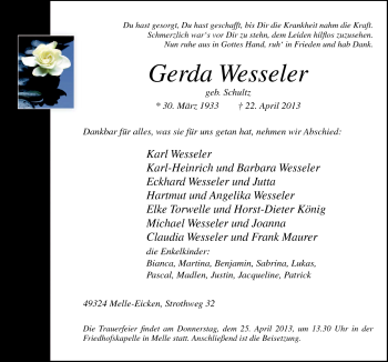 Traueranzeige von Gerda Wesseler von Neue Osnabrücker Zeitung GmbH & Co. KG