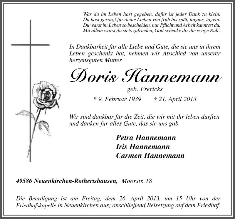  Traueranzeige für Doris Hannemann vom 24.04.2013 aus Neue Osnabrücker Zeitung GmbH & Co. KG