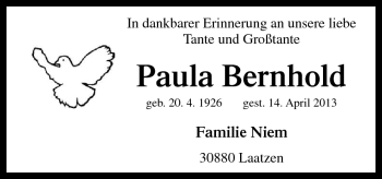 Traueranzeige von Paula Bernhold von Neue Osnabrücker Zeitung GmbH & Co. KG