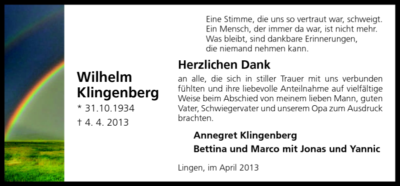  Traueranzeige für Wilhelm Klingenberg vom 27.04.2013 aus Neue Osnabrücker Zeitung GmbH & Co. KG